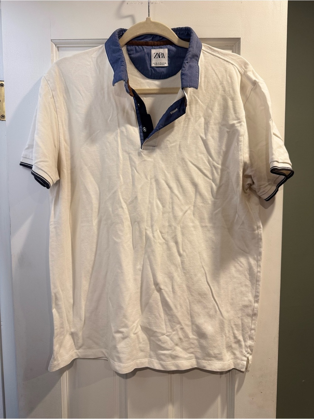 ZARA Cream Polo with Navy Contrast Collar mens size XL